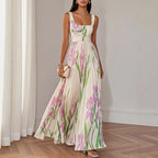 Sofia – Pleated Floral Square-Neck Maxi Dress