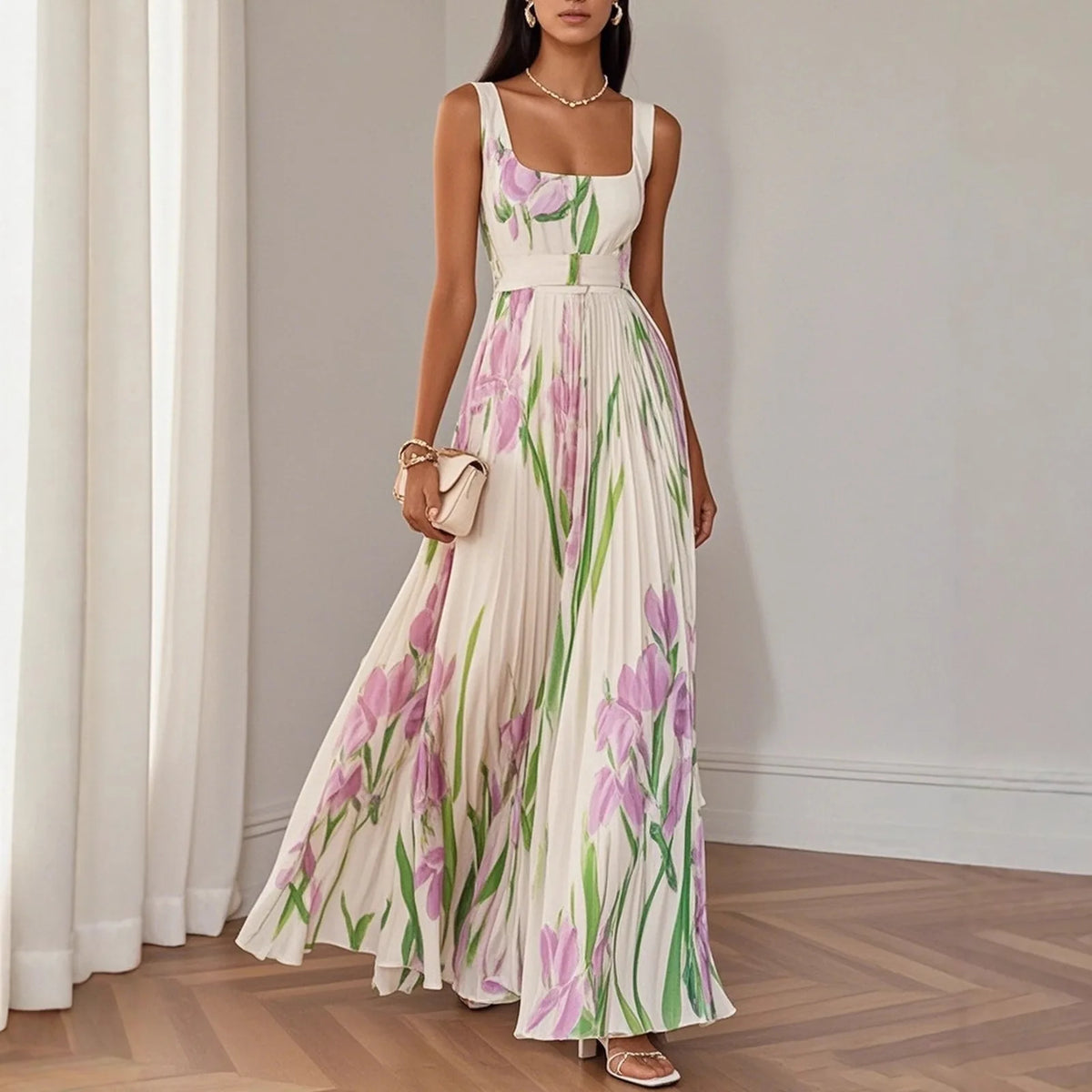 Sofia – Pleated Floral Square-Neck Maxi Dress