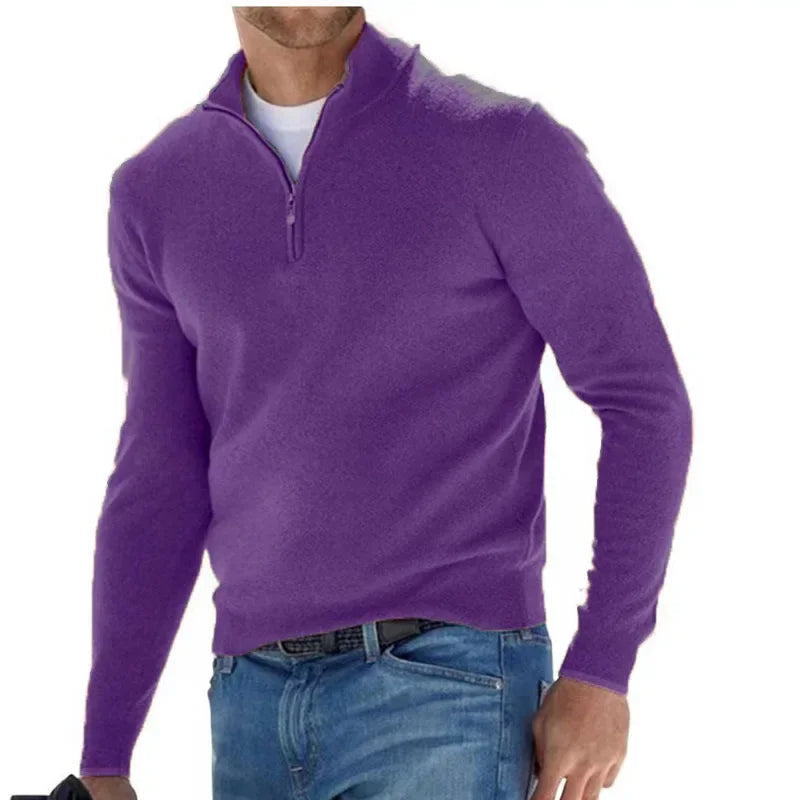 2024 Men's Autumn Long Sleeve V-neck Tops, New European and American Style Woolen Zipper Casual Business Slim Fit Polo Shirts