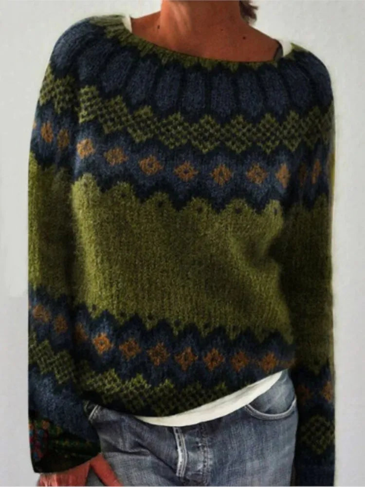 Sofia – Printed O-Neck Long-Sleeve Knit Sweater