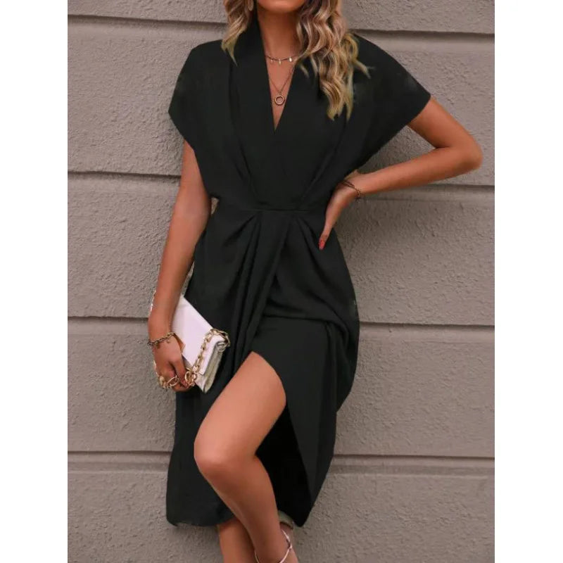 Amelia – V-Neck Waist-Tie Asymmetrical Midi Dress