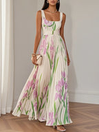 Sofia – Pleated Floral Square-Neck Maxi Dress
