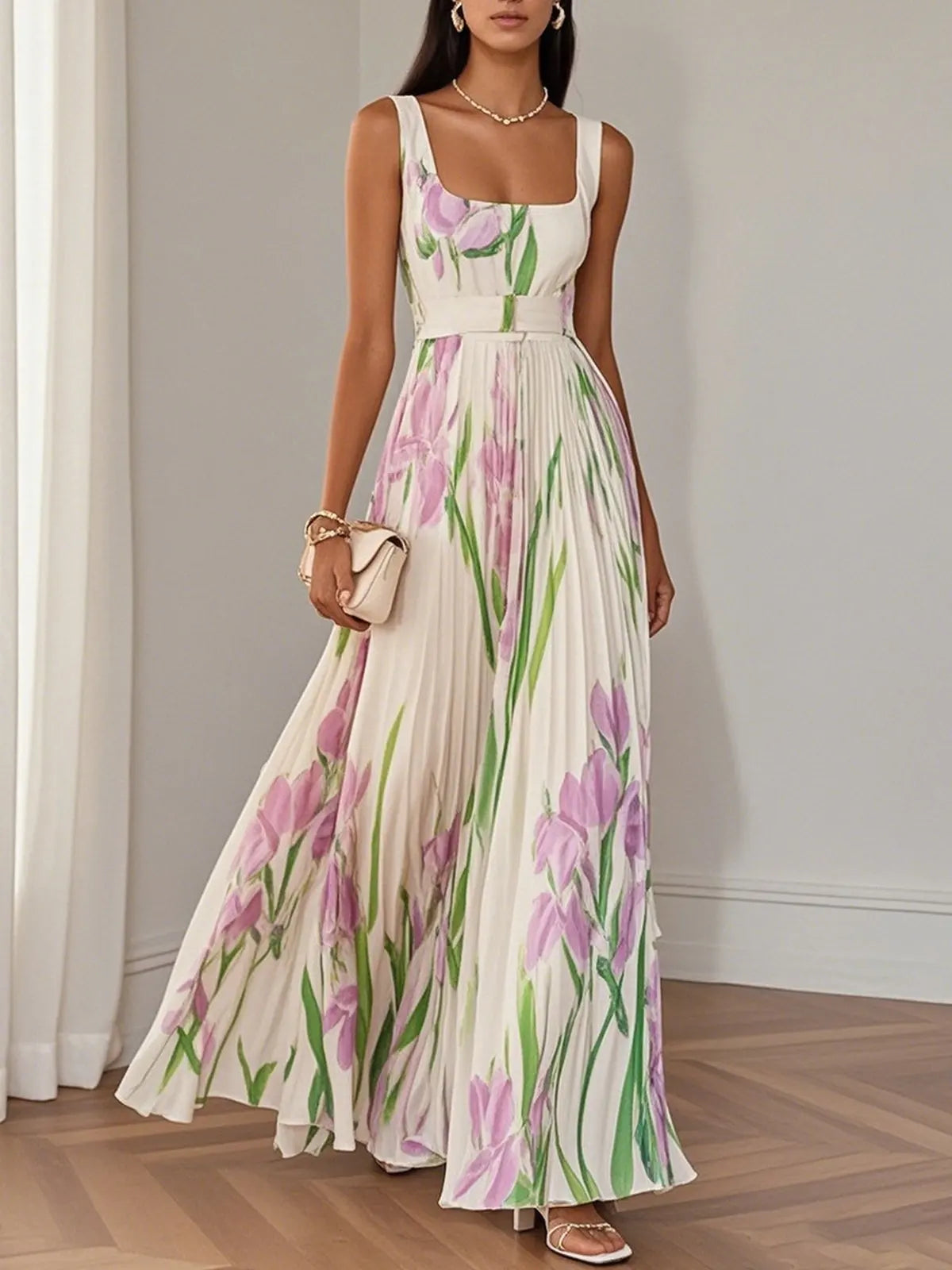 Sofia – Pleated Floral Square-Neck Maxi Dress