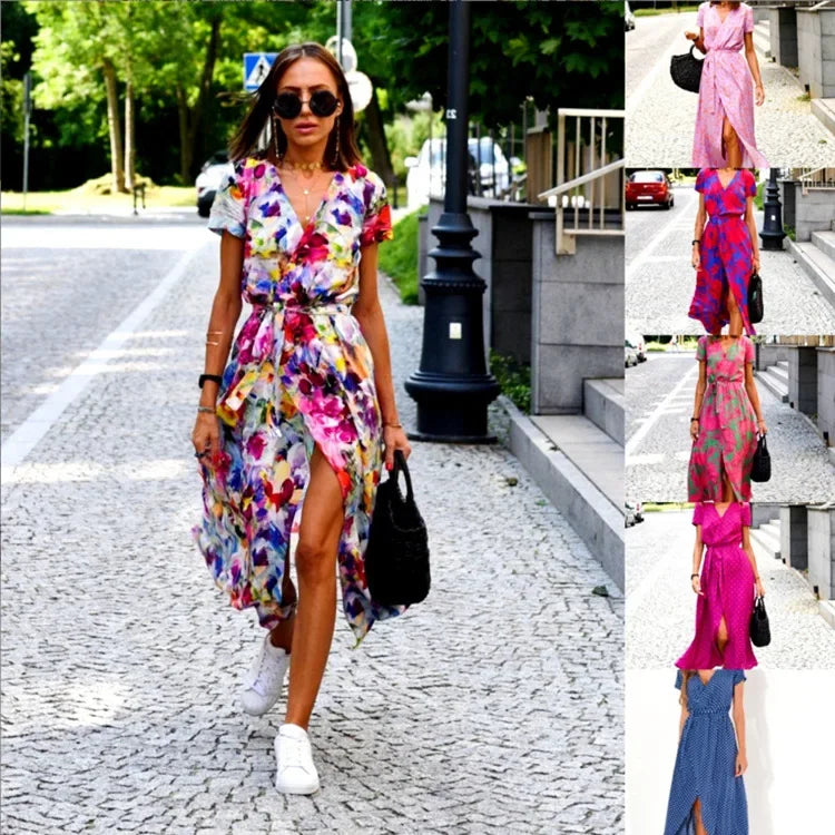 Madison – Printed V-Neck Lace-Up Mini Dress