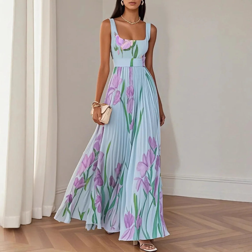 Sofia – Pleated Floral Square-Neck Maxi Dress