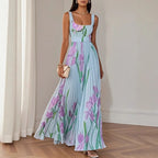 Sofia – Pleated Floral Square-Neck Maxi Dress