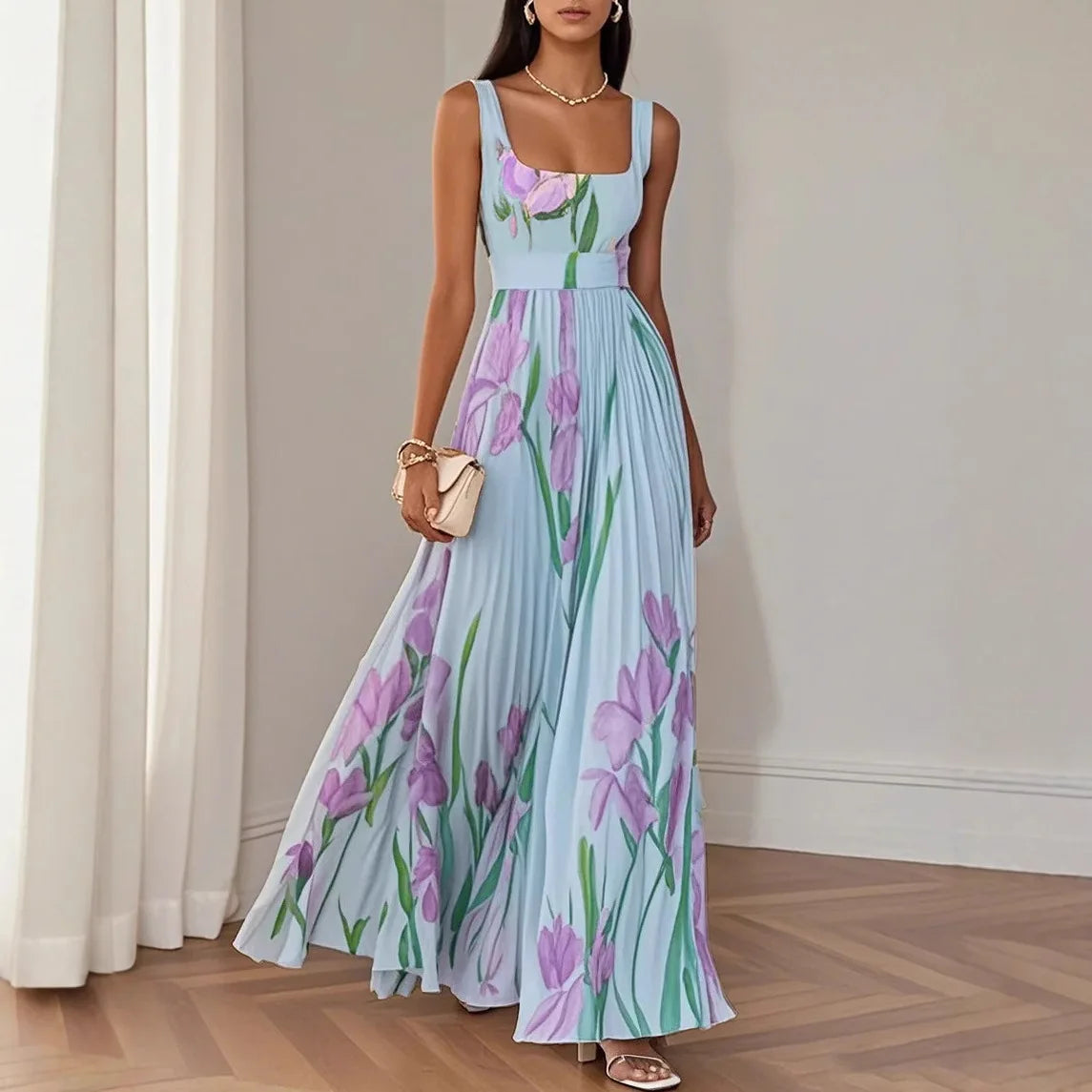 Sofia – Pleated Floral Square-Neck Maxi Dress