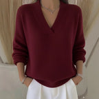 New Women V Neck Knit Sweater Long Sleeve Ribbed Cuff Loose Fit Solid Color Soft Warm Pullover Elegant Fall Winter Casual Jumper