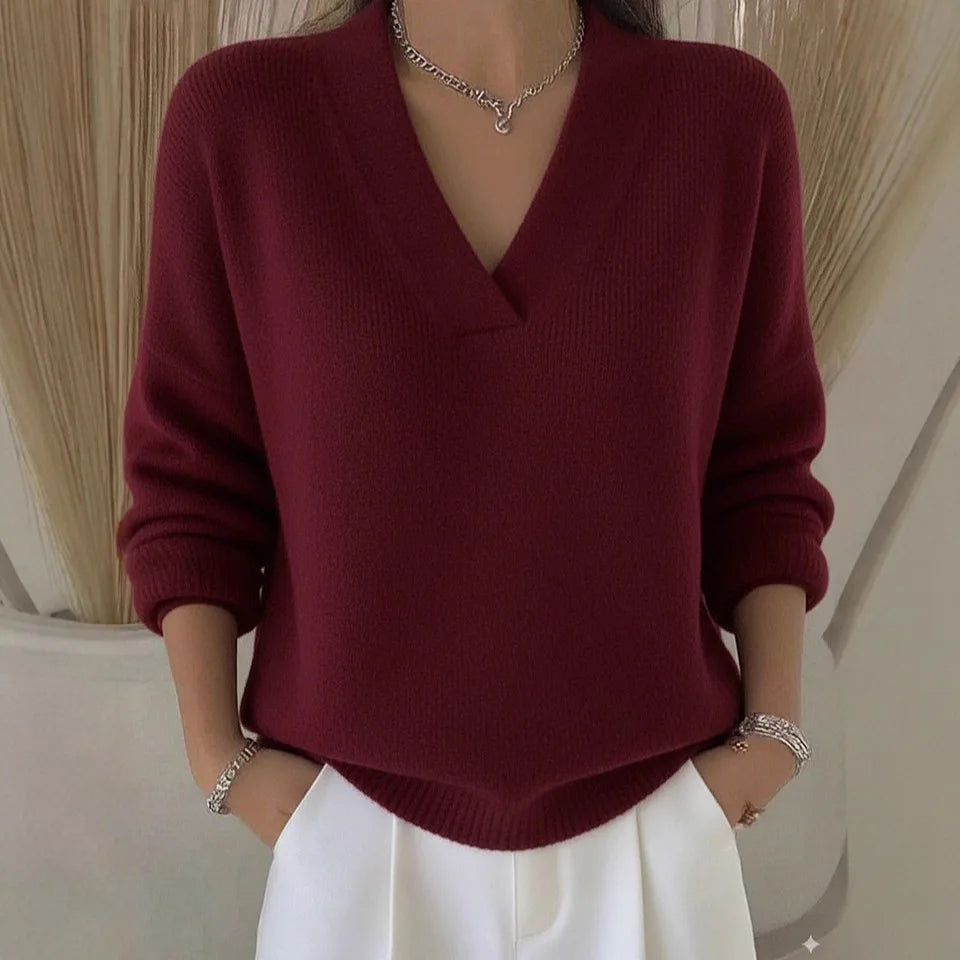 New Women V Neck Knit Sweater Long Sleeve Ribbed Cuff Loose Fit Solid Color Soft Warm Pullover Elegant Fall Winter Casual Jumper