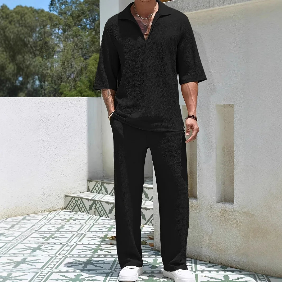 Ethan – Men’s V-Neck Shirt & Wide-Leg Pants Set