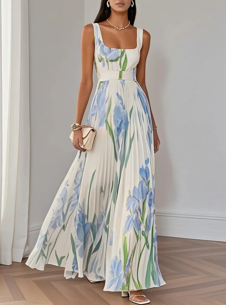 Sofia – Pleated Floral Square-Neck Maxi Dress