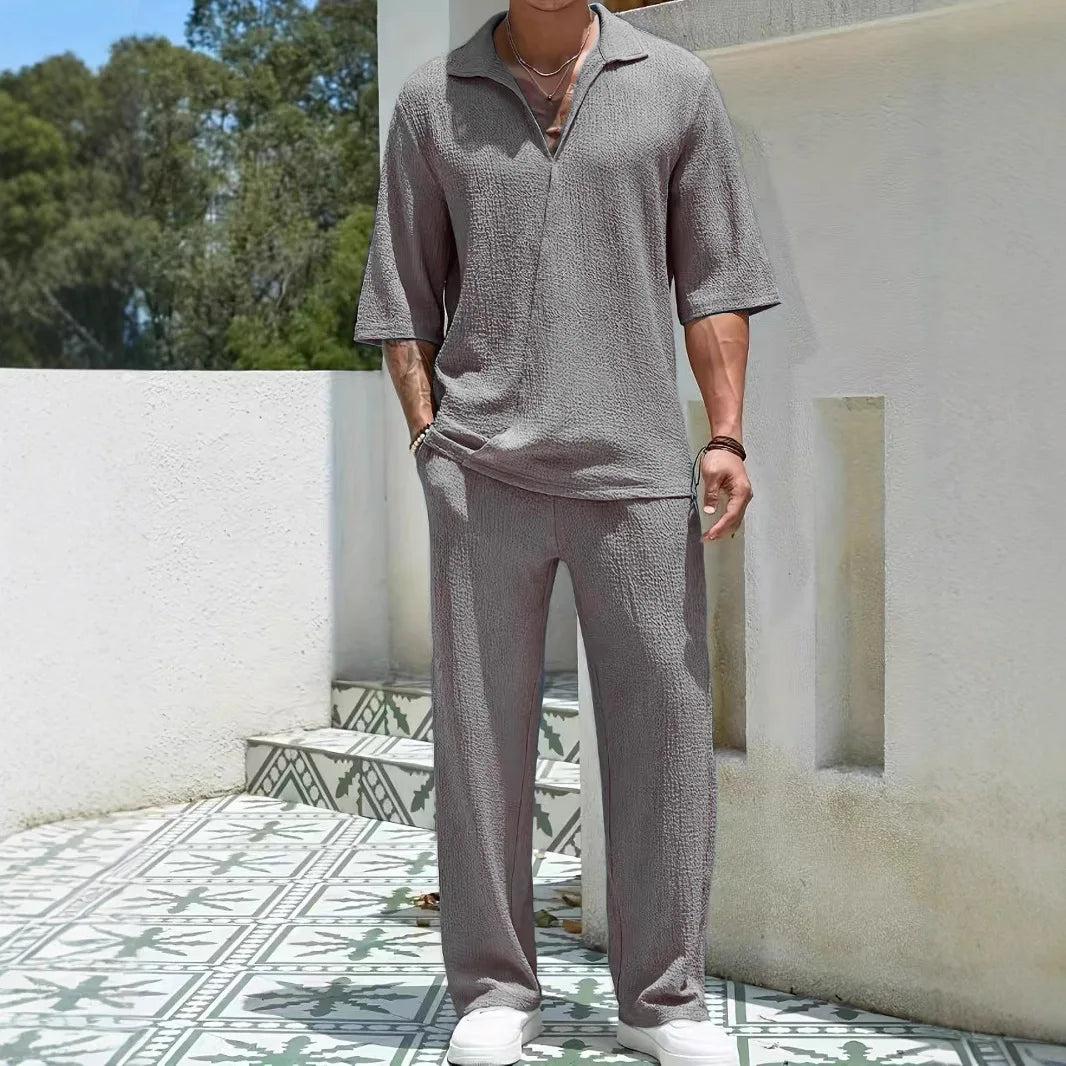 Ethan – Men’s V-Neck Shirt & Wide-Leg Pants Set