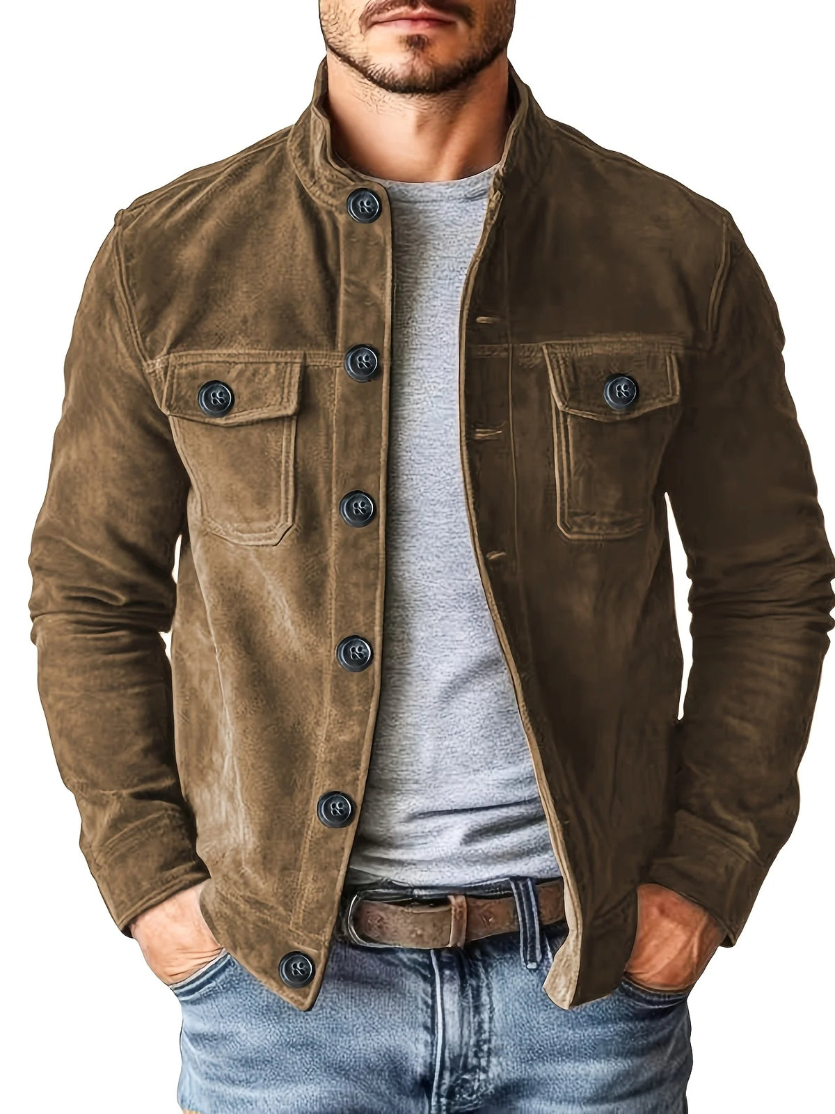 Men Retro Stand Collar Solid Color Faux Suede Jacket Button Front Chest Pockets Casual Workwear Motorcycle Workwear Outer Coat