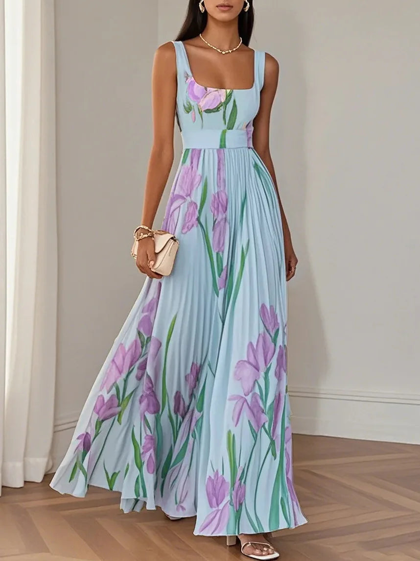 Sofia – Pleated Floral Square-Neck Maxi Dress