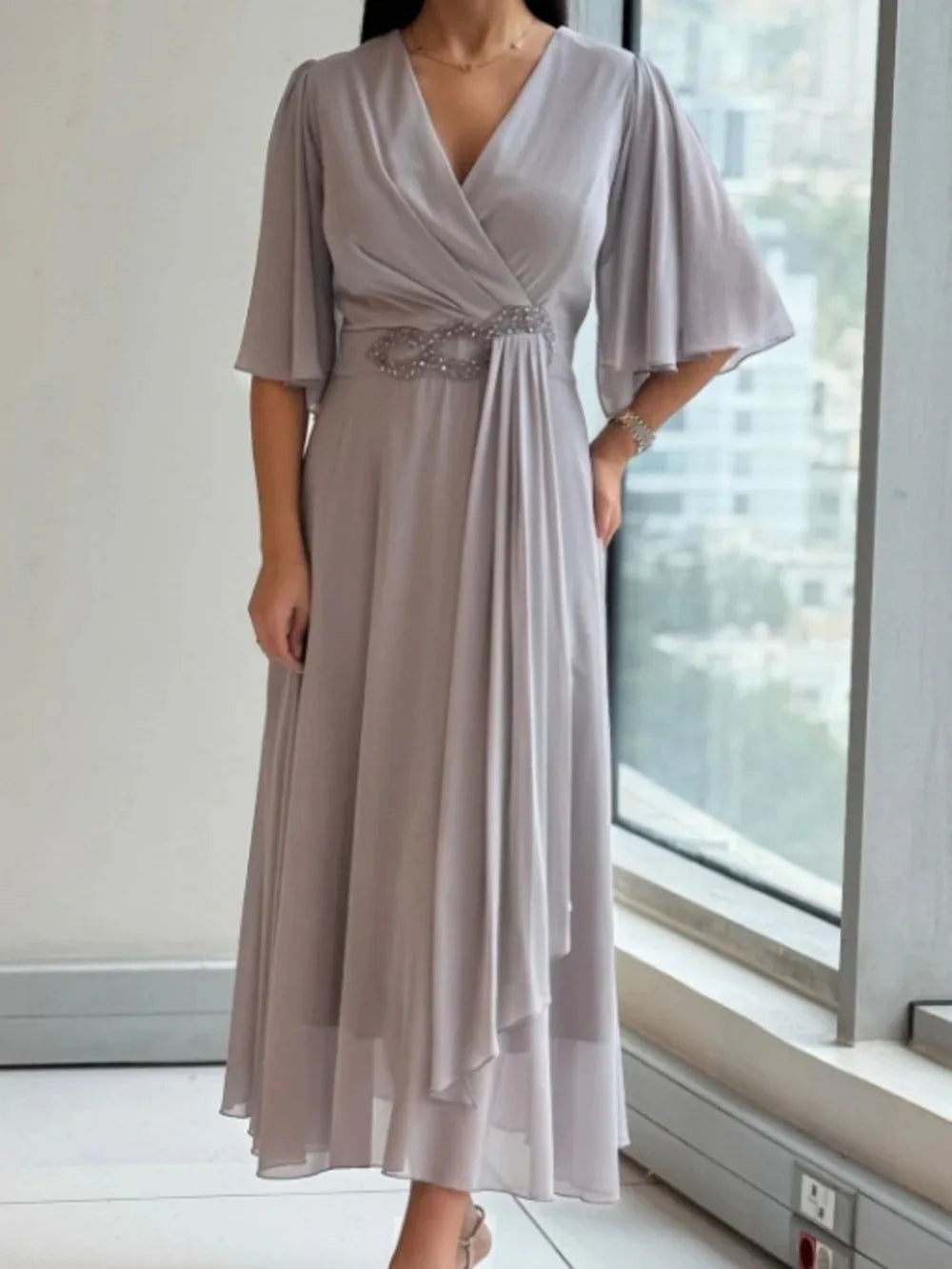 Amelia – V-Neck Draped A-Line Midi Dress