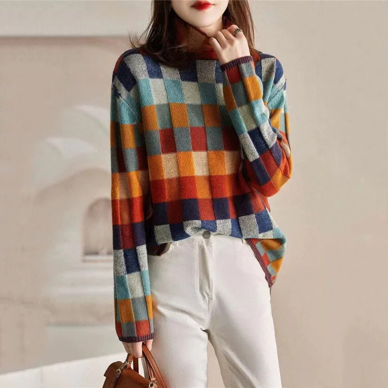 Ladies Checkered Knitted Pullover Oversized Color Block Turtleneck Sweater OL Commuter Winter Fashion