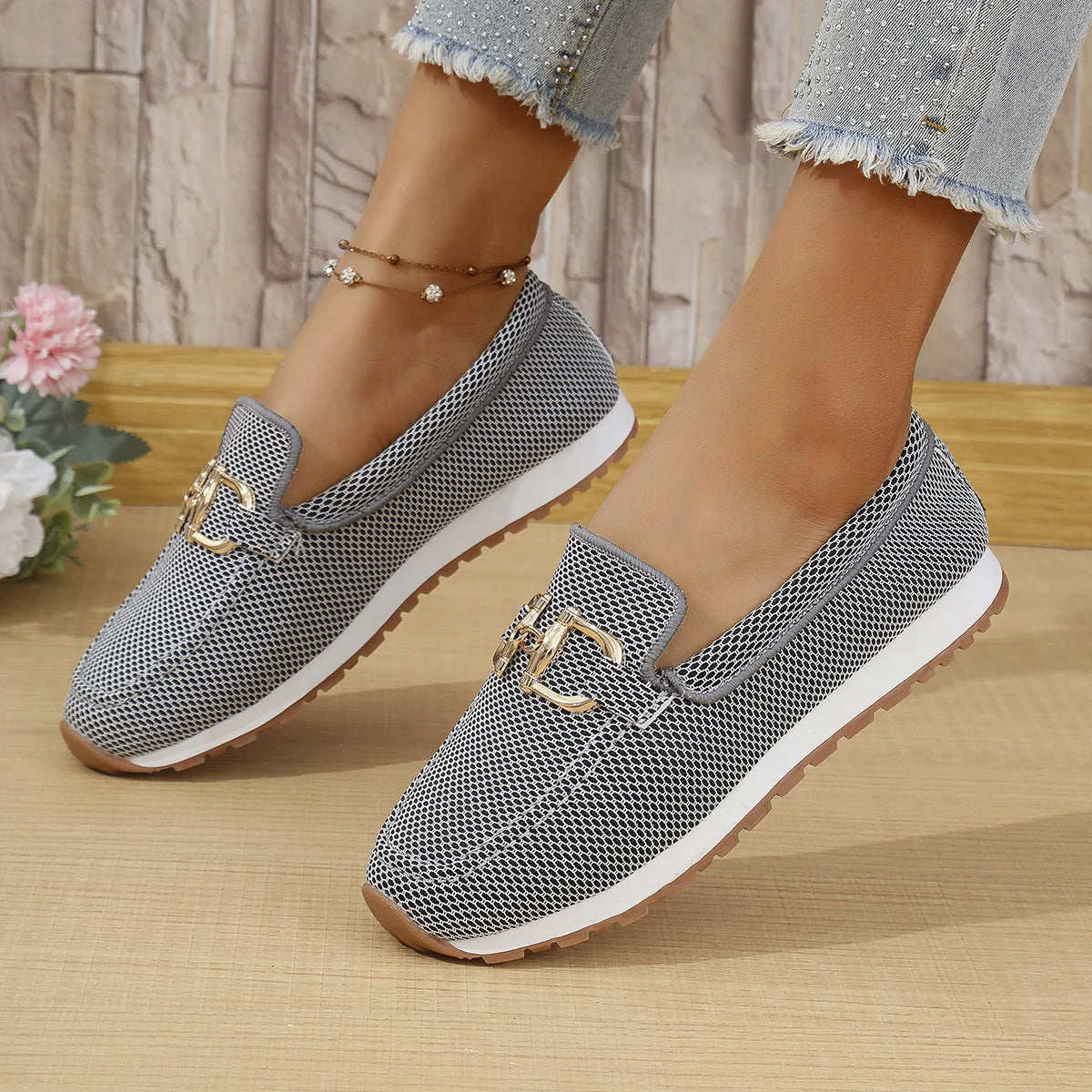 Clara – Metal Buckle Patchwork Slip-On Flats