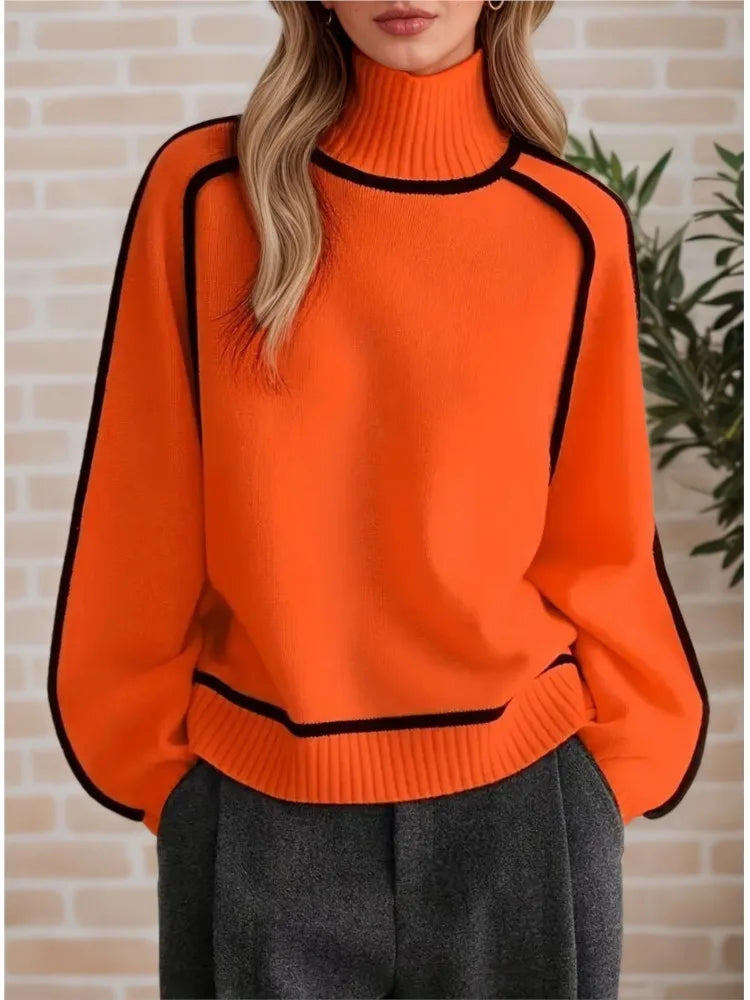 Autumn Winter Half-high Collar Three-dimensional Striped Slimming Casual Loose Pullover Sweater Top Women's Lazy Style Sweater
