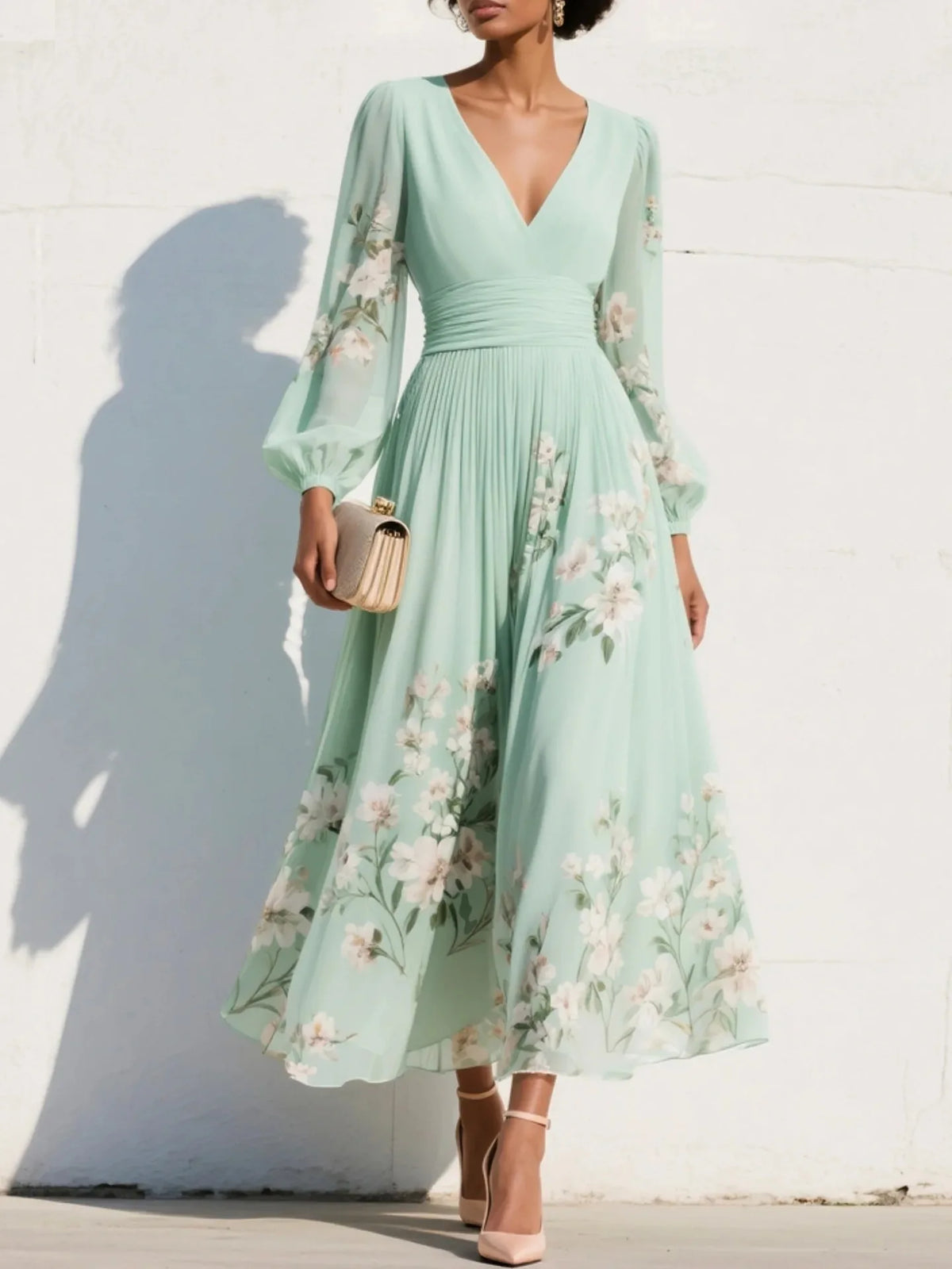 Sofia – V-Neck Printed A-Line Maxi Dress