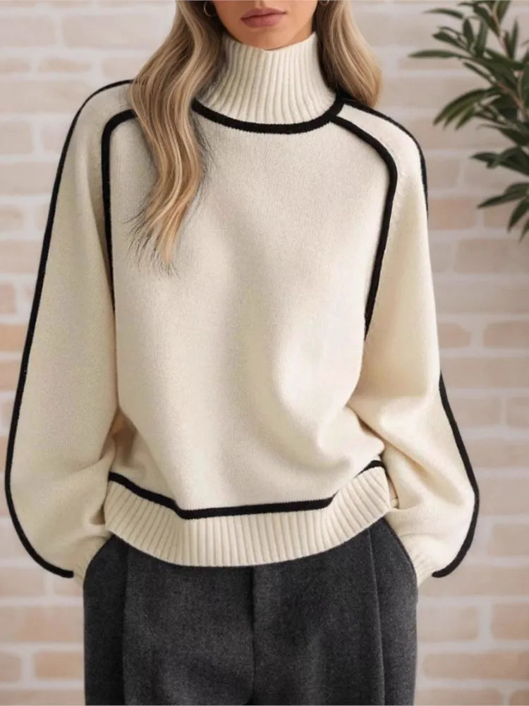 Autumn Winter Half-high Collar Three-dimensional Striped Slimming Casual Loose Pullover Sweater Top Women's Lazy Style Sweater