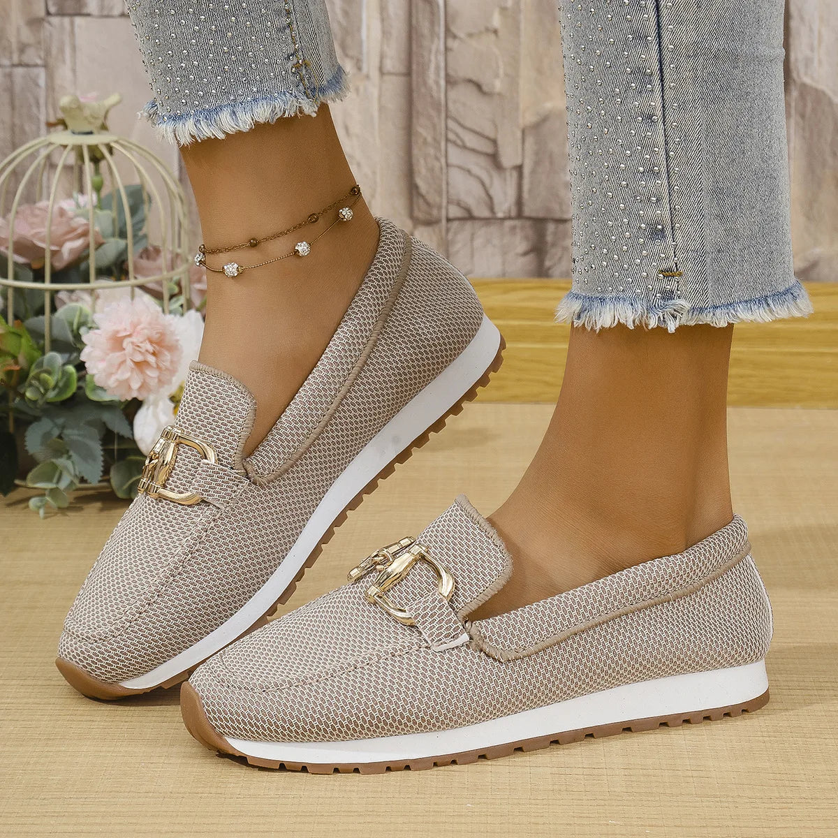 Clara – Metal Buckle Patchwork Slip-On Flats