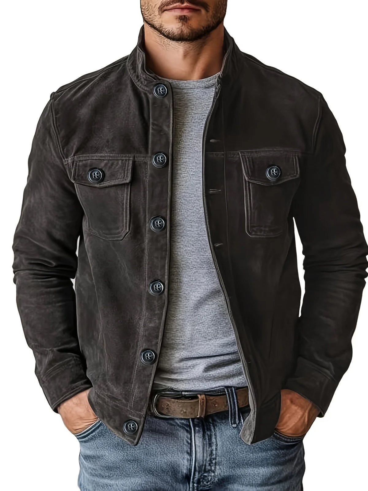 Men Retro Stand Collar Solid Color Faux Suede Jacket Button Front Chest Pockets Casual Workwear Motorcycle Workwear Outer Coat