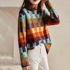 Ladies Checkered Knitted Pullover Oversized Color Block Turtleneck Sweater OL Commuter Winter Fashion