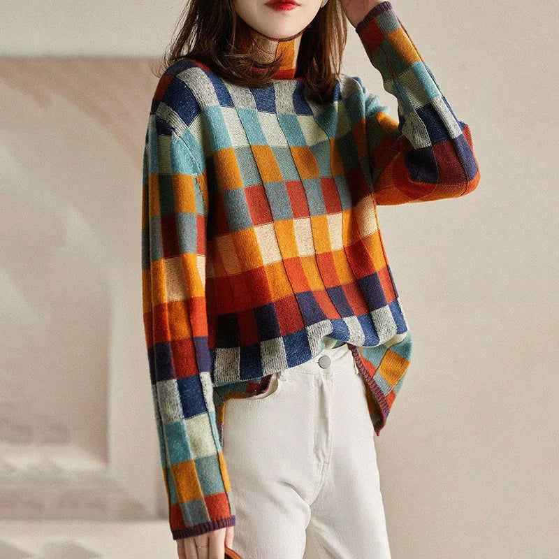 Ladies Checkered Knitted Pullover Oversized Color Block Turtleneck Sweater OL Commuter Winter Fashion
