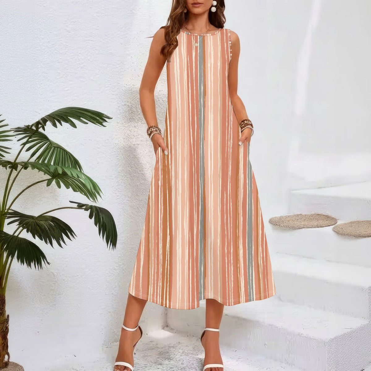 Olivia – Striped Sleeveless Loose-Fit Midi Dress