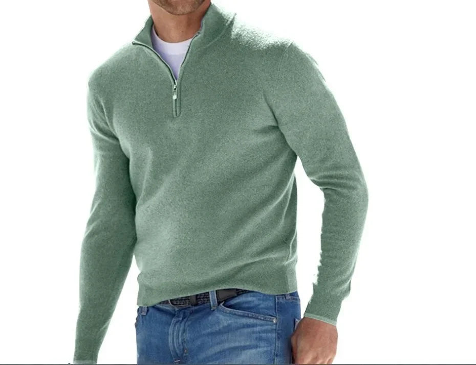 2024 Men's Autumn Long Sleeve V-neck Tops, New European and American Style Woolen Zipper Casual Business Slim Fit Polo Shirts