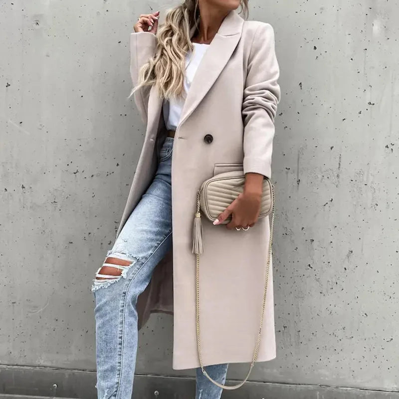 Casual Button Pocket Long Cardigan Woolen Trench Coats Autumn WInter Women Loose Solid Color Overcoats JYFS-8612