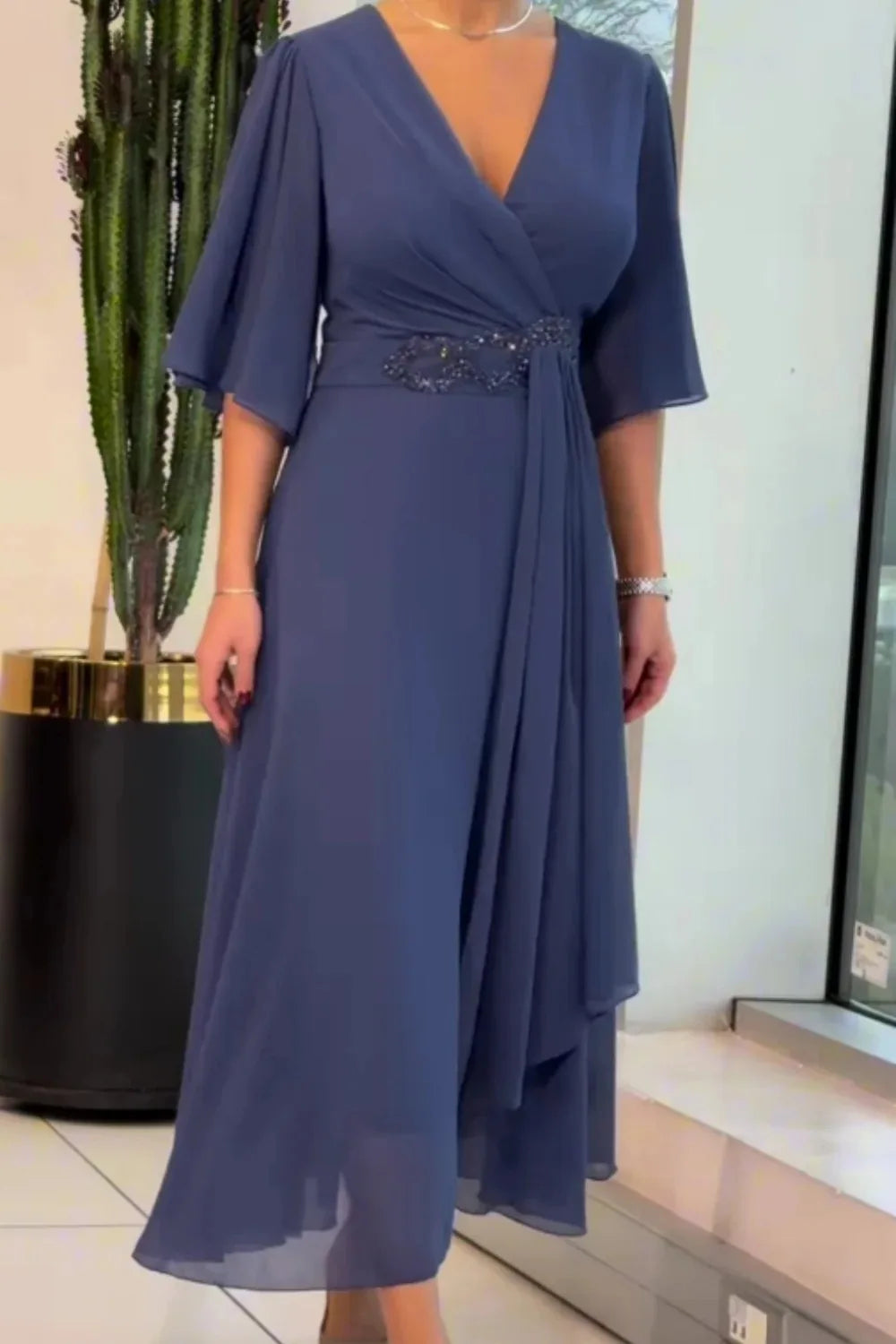 Amelia – V-Neck Draped A-Line Midi Dress