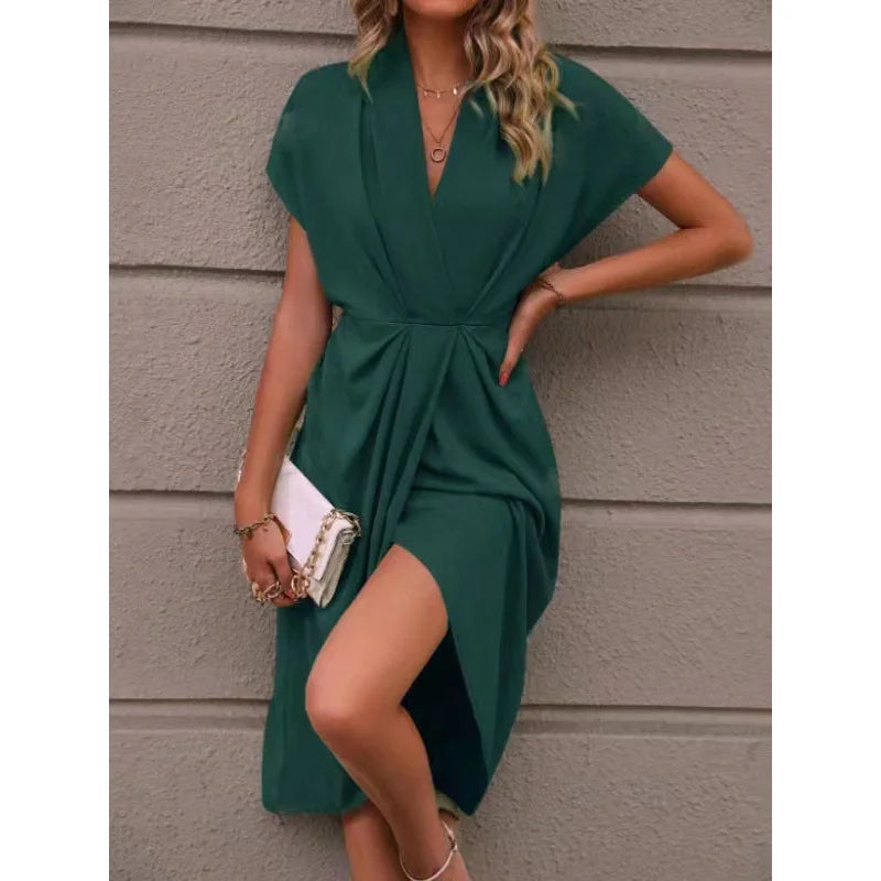 Amelia – V-Neck Waist-Tie Asymmetrical Midi Dress