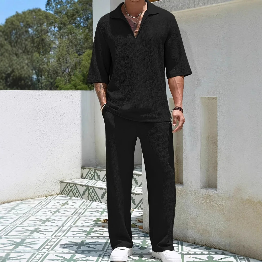 Ethan – Men’s V-Neck Shirt & Wide-Leg Pants Set