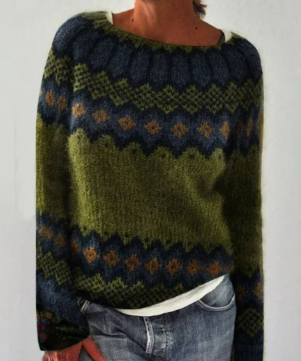 Sofia – Printed O-Neck Long-Sleeve Knit Sweater