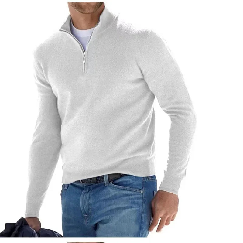 2024 Men's Autumn Long Sleeve V-neck Tops, New European and American Style Woolen Zipper Casual Business Slim Fit Polo Shirts