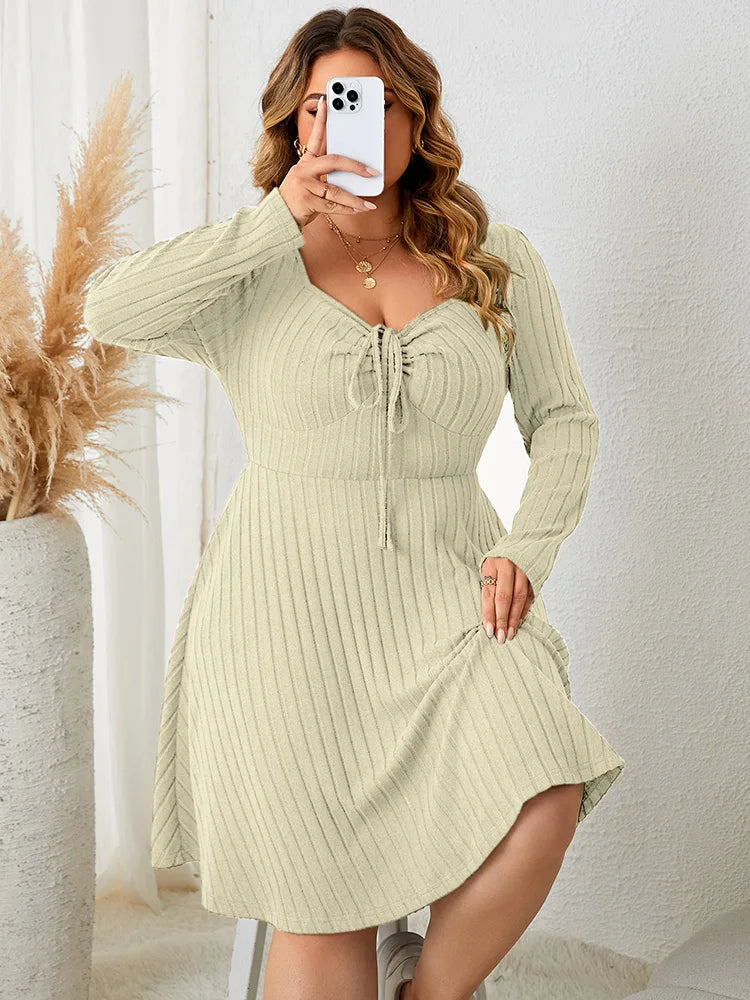 GIBSIE Plus Size Sweettheart Neck Knot Front A-Line Dress Women Fall New Vintage Long Sleeve Ribbed Knit Casual Winter Dresses