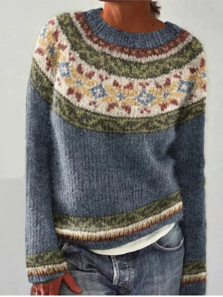 Sofia – Printed O-Neck Long-Sleeve Knit Sweater
