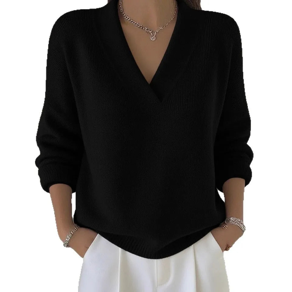 New Women V Neck Knit Sweater Long Sleeve Ribbed Cuff Loose Fit Solid Color Soft Warm Pullover Elegant Fall Winter Casual Jumper