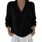 New Women V Neck Knit Sweater Long Sleeve Ribbed Cuff Loose Fit Solid Color Soft Warm Pullover Elegant Fall Winter Casual Jumper