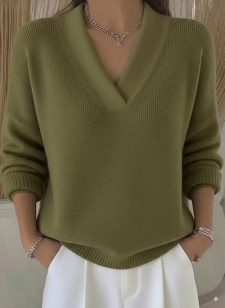 New Women V Neck Knit Sweater Long Sleeve Ribbed Cuff Loose Fit Solid Color Soft Warm Pullover Elegant Fall Winter Casual Jumper