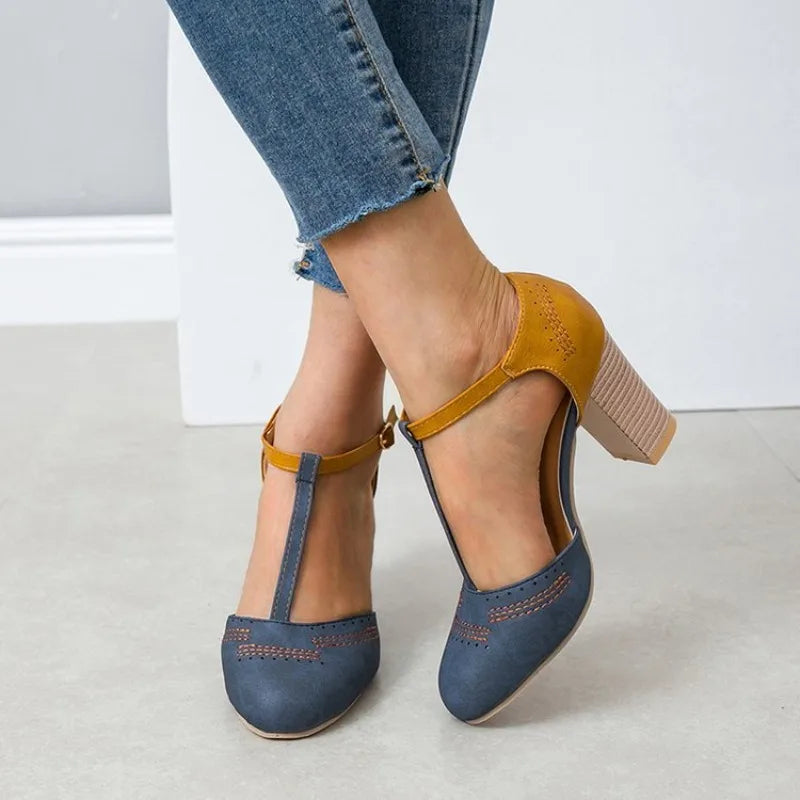 Clara – Color Block Buckle High-Heel Mules