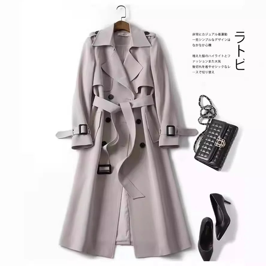 Women's Trench Coat 2024 Autumn Korean Long Jacket with Belt Solid Double-breasted British Style Khaki Coat For Women Red Blue