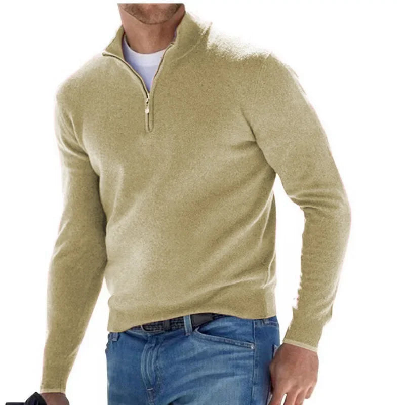 2024 Men's Autumn Long Sleeve V-neck Tops, New European and American Style Woolen Zipper Casual Business Slim Fit Polo Shirts