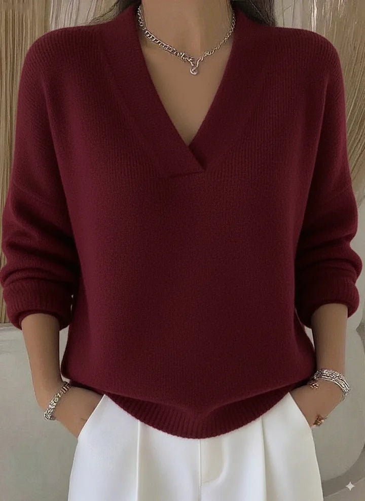 New Women V Neck Knit Sweater Long Sleeve Ribbed Cuff Loose Fit Solid Color Soft Warm Pullover Elegant Fall Winter Casual Jumper