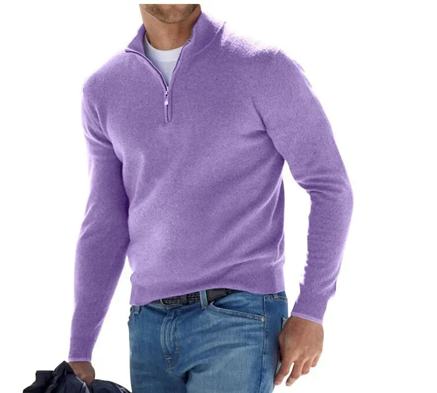 2024 Men's Autumn Long Sleeve V-neck Tops, New European and American Style Woolen Zipper Casual Business Slim Fit Polo Shirts
