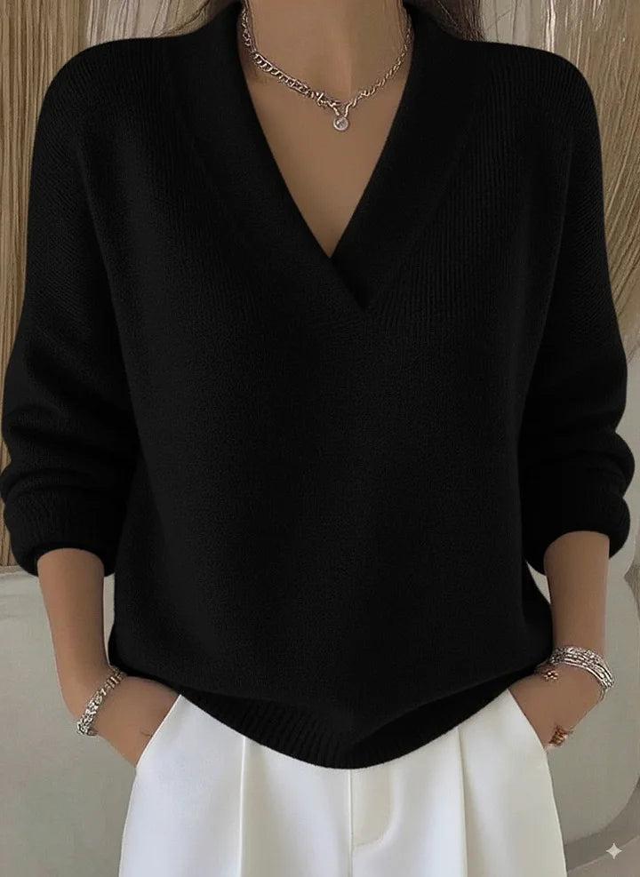 New Women V Neck Knit Sweater Long Sleeve Ribbed Cuff Loose Fit Solid Color Soft Warm Pullover Elegant Fall Winter Casual Jumper