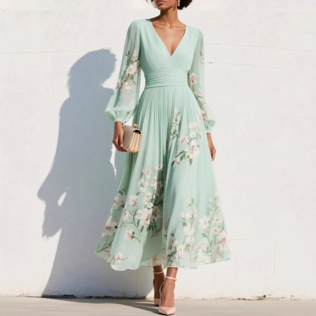 Sofia – V-Neck Printed A-Line Maxi Dress