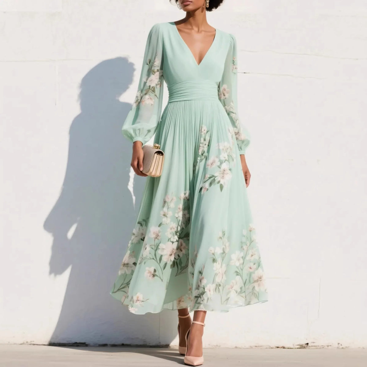 Sofia – V-Neck Printed A-Line Maxi Dress