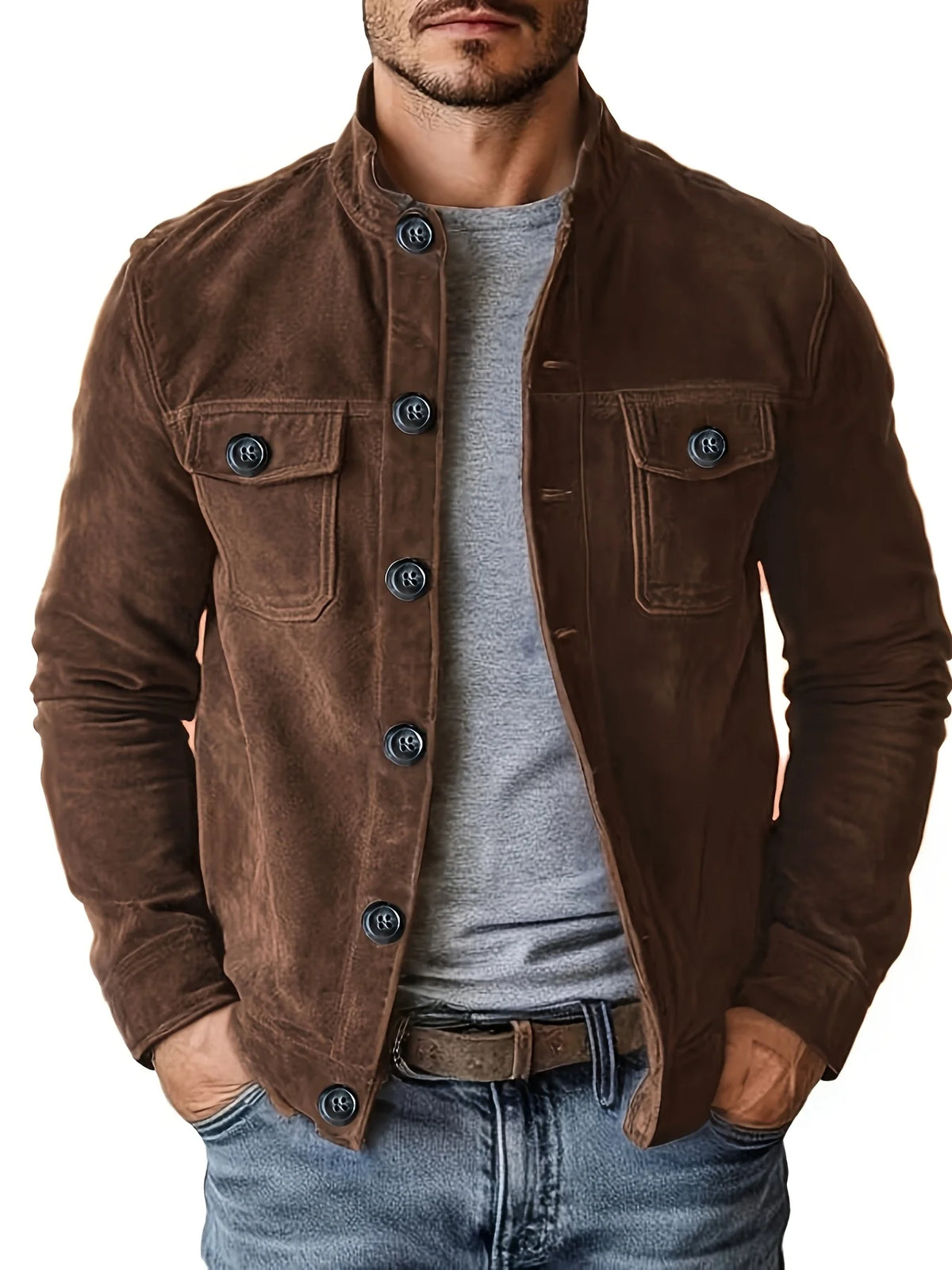 Men Retro Stand Collar Solid Color Faux Suede Jacket Button Front Chest Pockets Casual Workwear Motorcycle Workwear Outer Coat